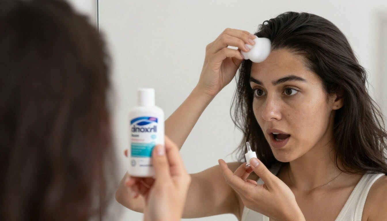 Woman applying Minoxidil Foam and Liquid showing ease of use differences