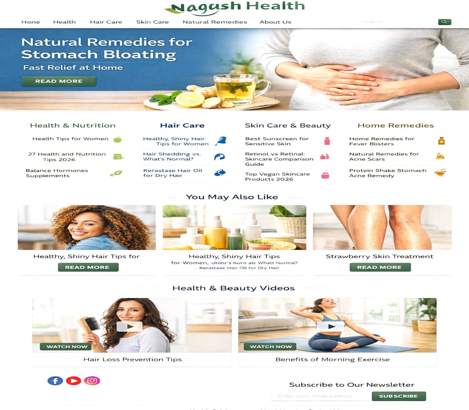Nagash Health homepage banner showing natural remedies for stomach bloating, with a cup of herbal tea, lemon slices, and a person holding their stomach.