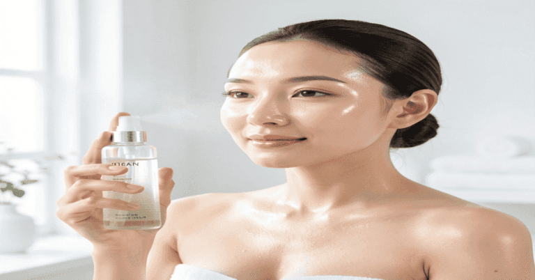 Woman using hydrating facial mist for dry skin, glowing and refreshed