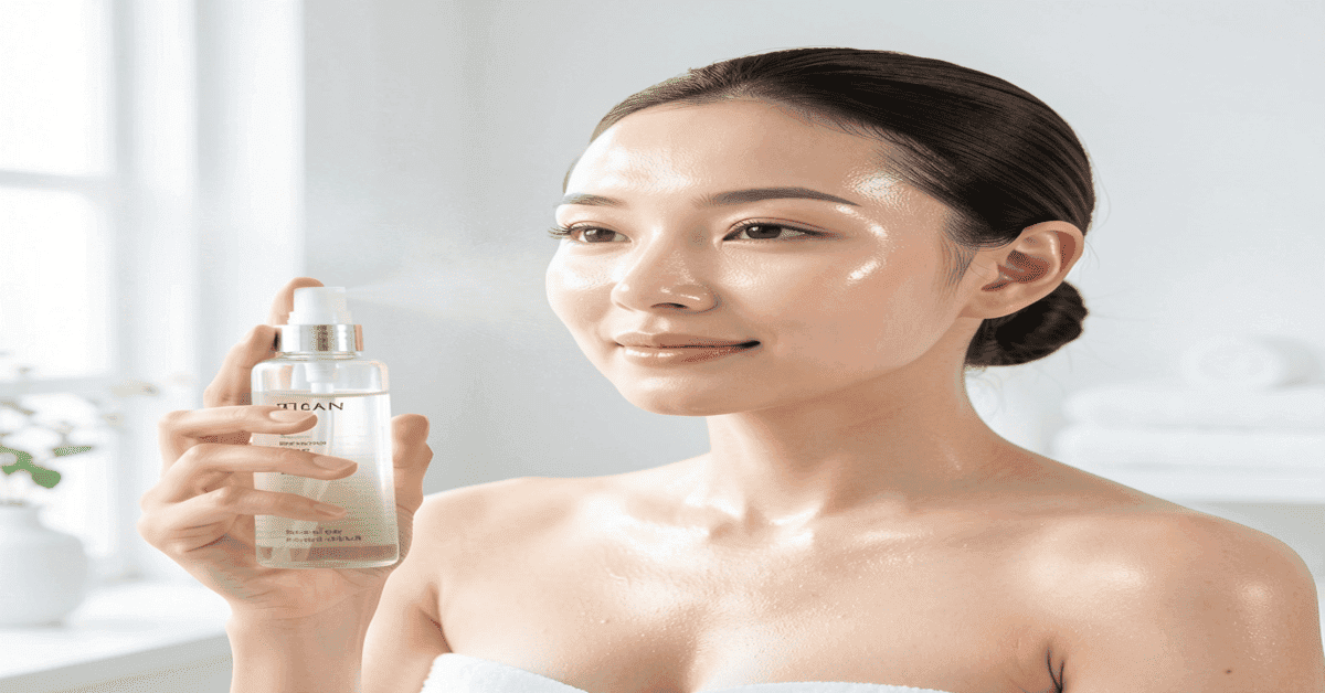 Woman using hydrating facial mist for dry skin, glowing and refreshed