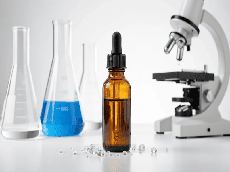 SkinCeuticals Vitamin C Antioxidant Science An amber glass bottle of Vitamin C serum with a dropper, surrounded by fresh oranges and professional lab equipment.