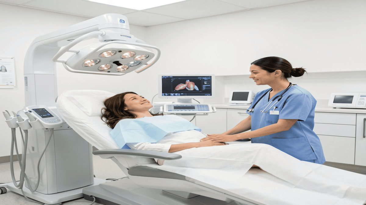 Woman undergoing a mammogram screening for breast health