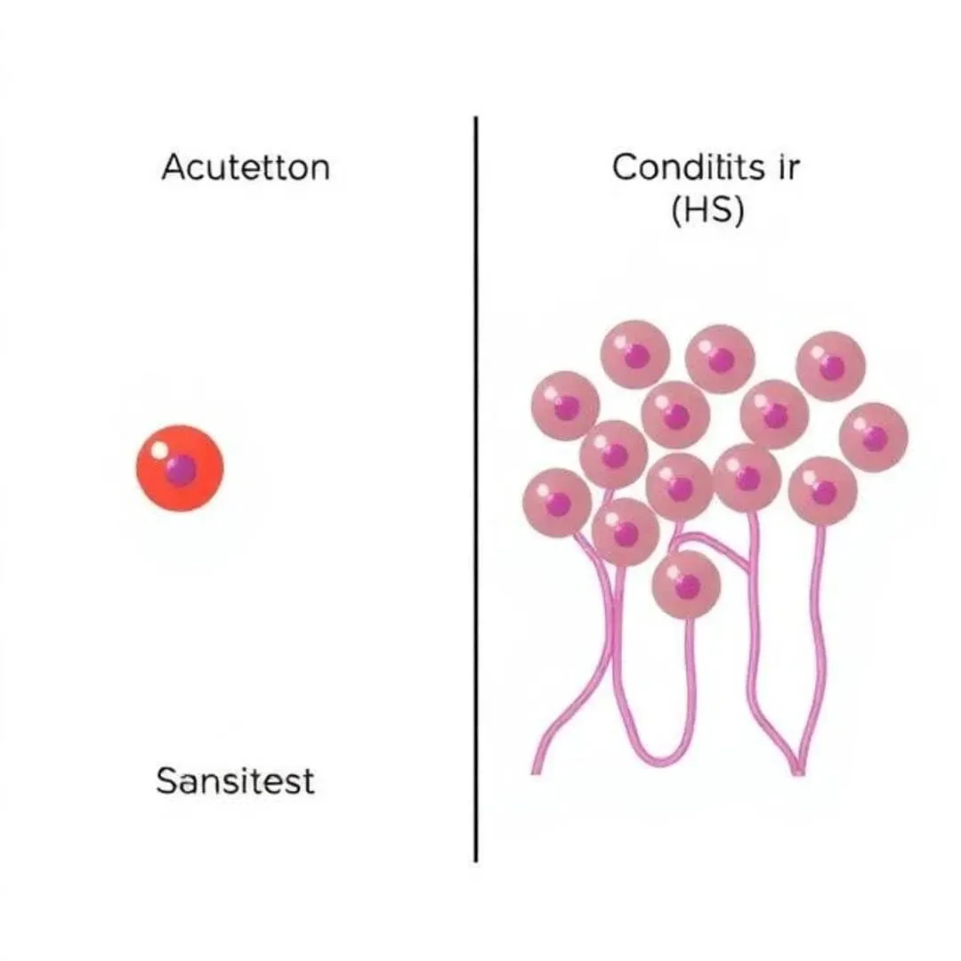 A side-by-side diagram comparing a one-time bacterial boil with the recurring "tunnels" or sinus tracts found in Hidradenitis Suppurativa.