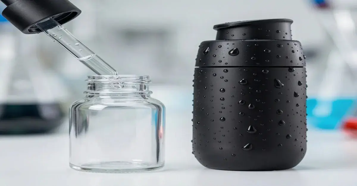 A side-by-side comparison of a traditional clear glass dropper bottle and a modern opaque silver airless pump bottle.