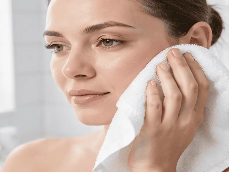 Close-up of a person patting their face dry with a clean white towel before skincare application.