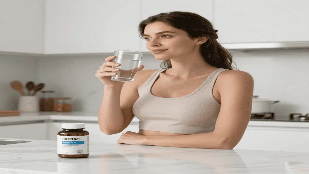 Best Magnesium Supplement for Women 2026 A healthy American woman sitting calmly with a glass of water and magnesium supplements on a wooden table with green plants in the background.