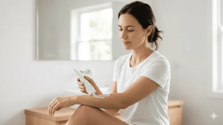 A woman applying the best steroid-free eczema cream for adults to her arm in a bright bathroom.