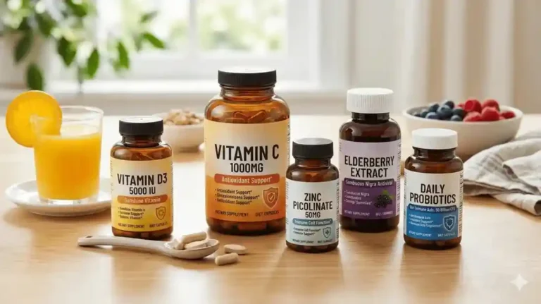 A collection of top supplements for the immune system, including Vitamin C, D3, Zinc, and Probiotics, visualized in a modern health setting.