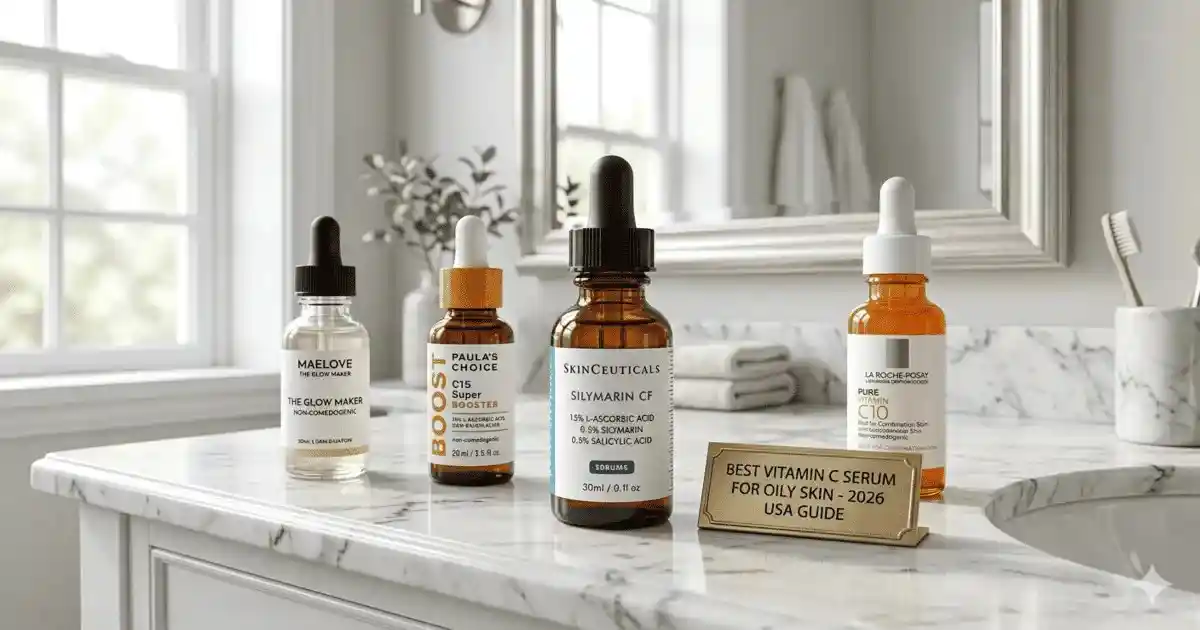 Best Vitamin C Serum for Oily Skin - 2026 USA Top Picks A collection of the best Vitamin C serum for oily skin options, including SkinCeuticals Silymarin CF and Paula's Choice, arranged on a marble vanity for a 2026 USA skincare guide.