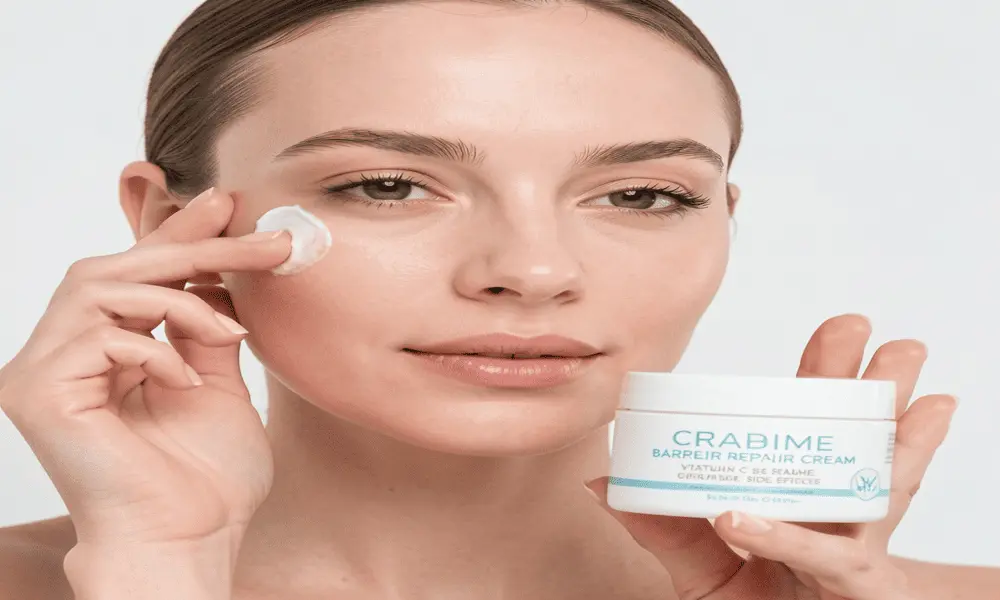 Applying a rich ceramide cream to heal Vitamin C serum side effects and redness.
