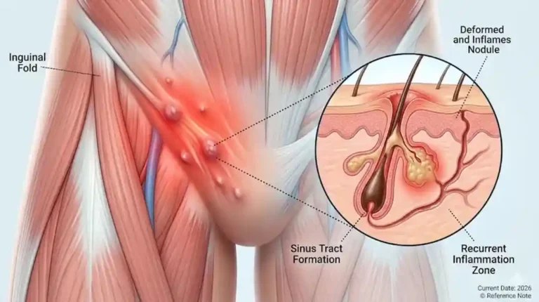 A 3D medical illustration showing the inguinal (groin) area with highlighted zones of inflammation and a cross-section of a hair follicle, referencing the anatomy relevant to the Recurrent Groin Abscess ICD-10 Code.