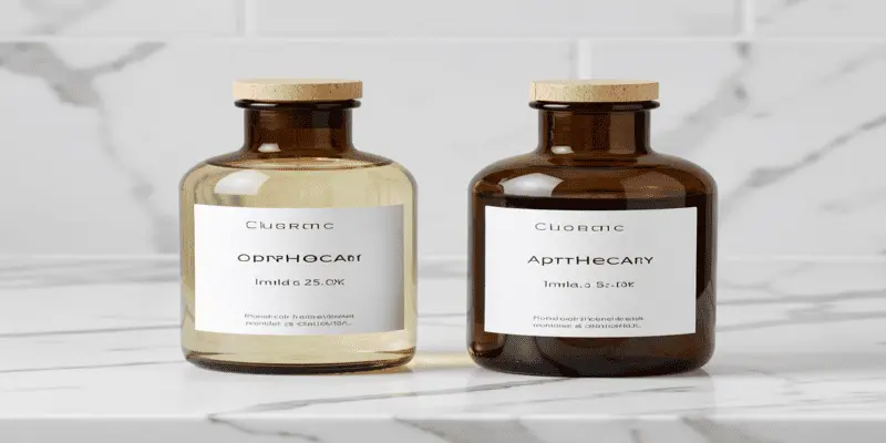 Two bottles of castor oil side-by-side: one pale yellow (cold-pressed) and one dark brown (Jamaican black).