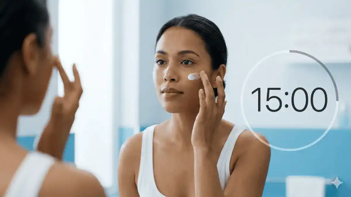 Cysteamine Short-Contact Therapy and Prescription Creams for Melasma A woman applies Cyspera, a non-hydroquinone alternative among Prescription Creams for Melasma, with a digital 15-minute timer overlay showing the short-contact method.