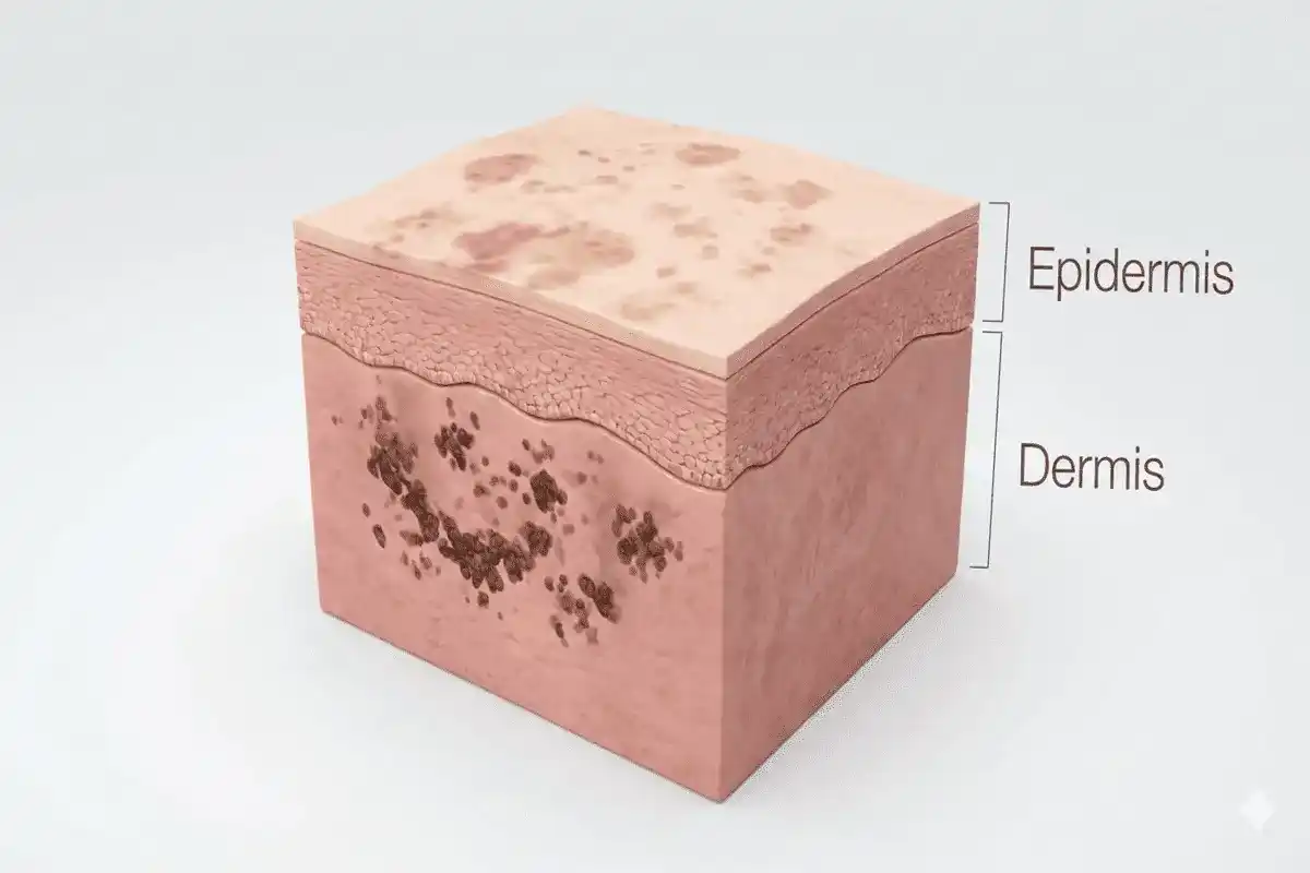 Epidermal vs Dermal Pigmentation and Prescription Creams for Melasma A medical diagram cross-section of skin showing dermal pigment, which requires potent Prescription Creams for Melasma to reach, compared to surface epidermal pigment.
