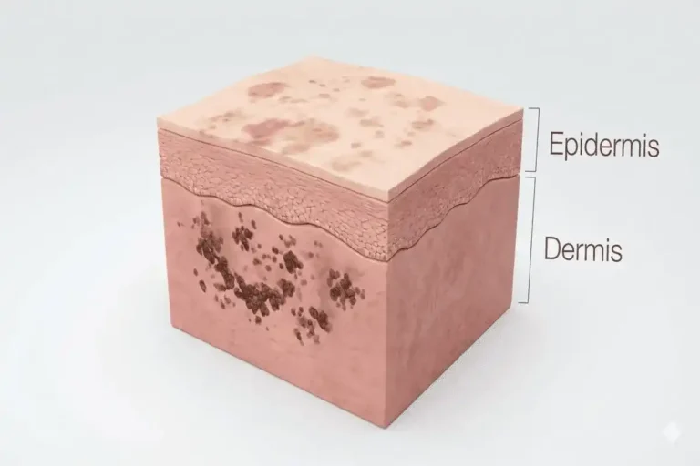 A medical diagram cross-section of skin showing dermal pigment, which requires potent Prescription Creams for Melasma to reach, compared to surface epidermal pigment.