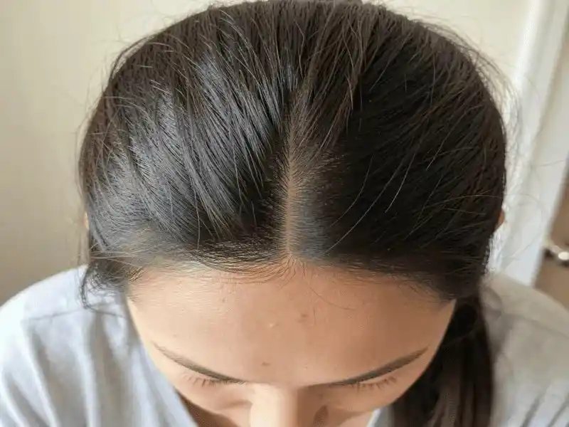 Woman showing wider hair part and thinning ponytail, illustrating Thyroid Hair Loss Before and After