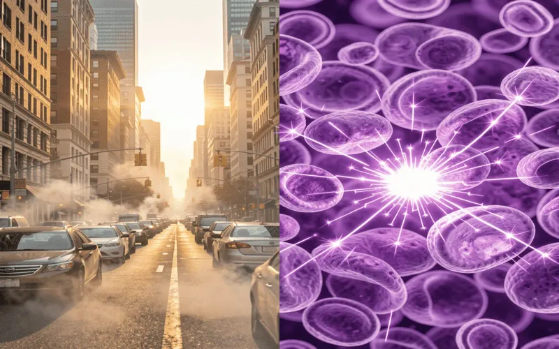 Environmental Skin Stressors A split-screen image showing a sunny city skyline with traffic smog and a close-up of skin texture showing hyperpigmentation.