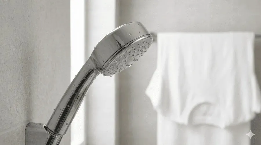 Optimizing Results for the Best Steroid-Free Eczema Cream for Adults Shower head and cotton shirt illustrating lifestyle factors that support the best steroid-free eczema cream for adults.