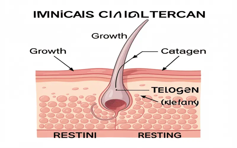 A detailed diagram showing the Anagen, Catagen, and Telogen phases of an eyebrow hair follicle.