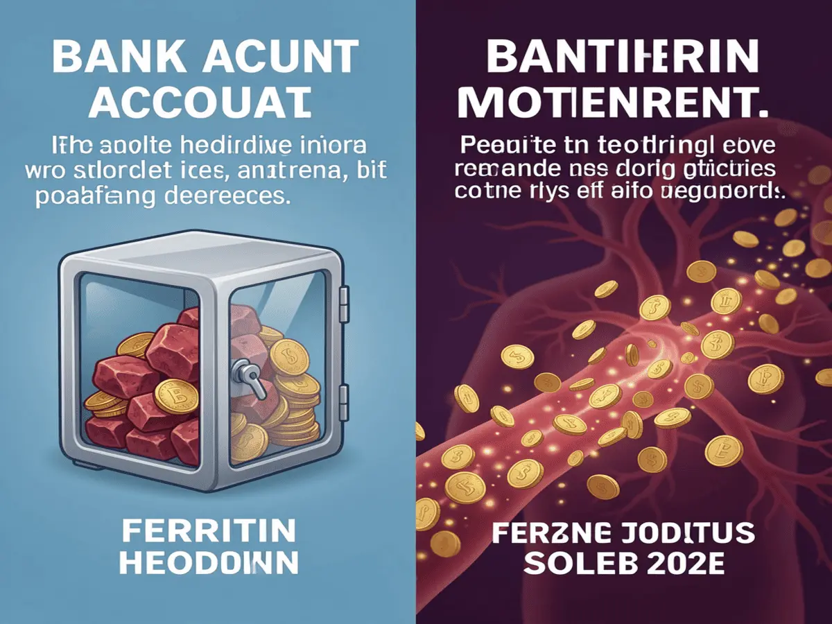 Comparison diagram explaining ferritin storage vs serum iron in bloodstream.