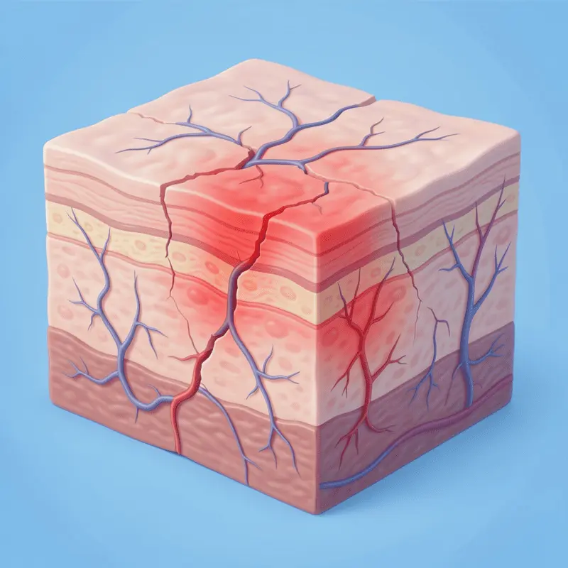 Diagram showing inflamed skin with dilated blood vessels and a compromised skin barrier typical of rosacea.
