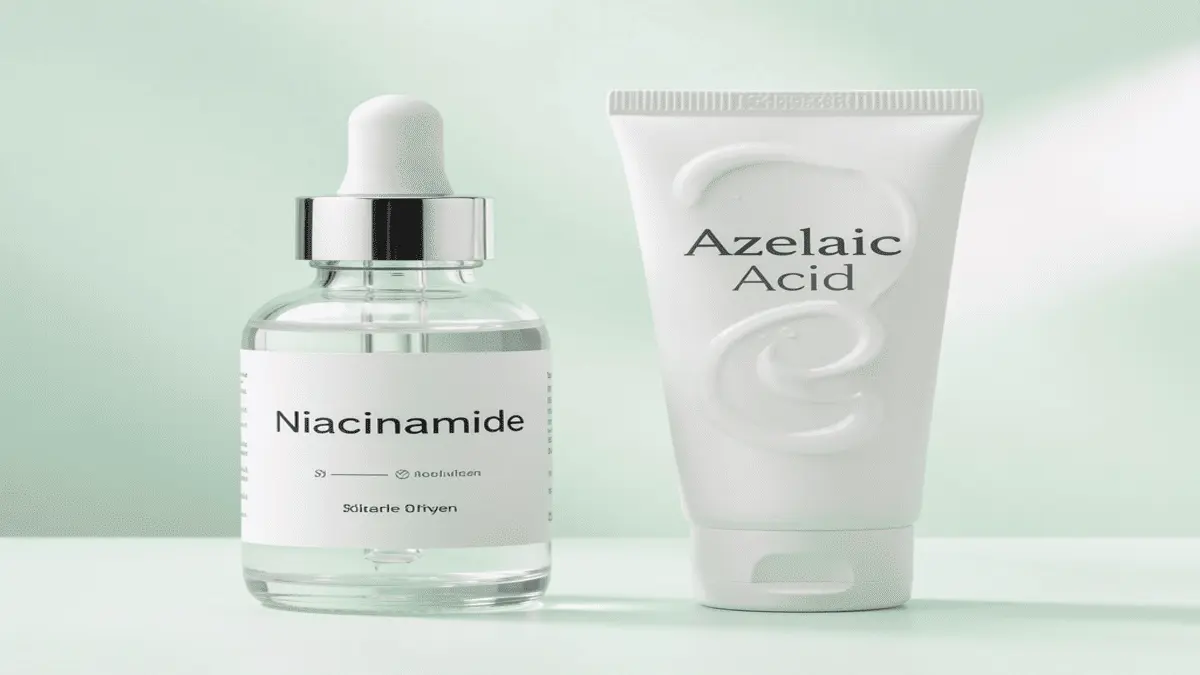 A side-by-side comparison of Niacinamide vs. Azelaic Acid for Rosacea serums on a clean background for rosacea redness treatment.