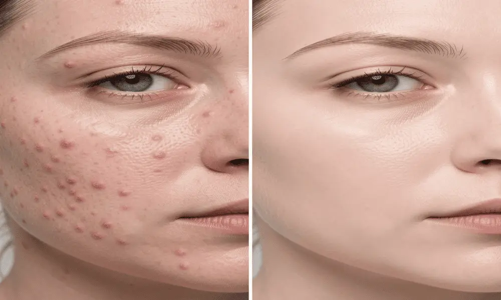 Comparison showing the reduction of inflammatory bumps and redness after using Azelaic Acid.