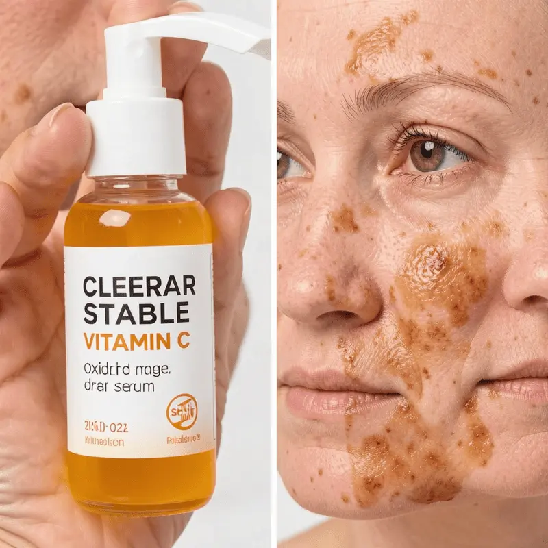 Comparison of clear stable Vitamin C serum and oxidized dark orange serum.