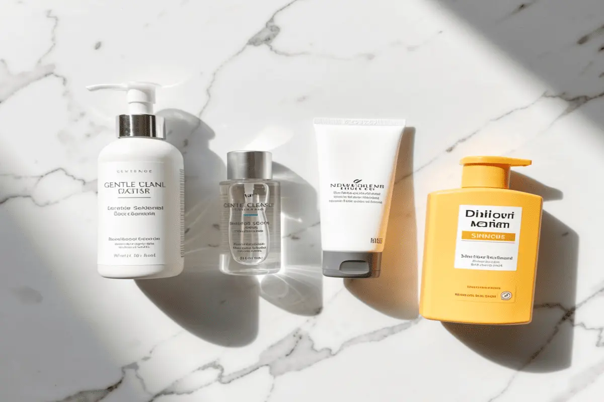 A flat-lay of a gentle cleanser, Niacinamide serum, Azelaic Acid cream, and Mineral Sunscreen.