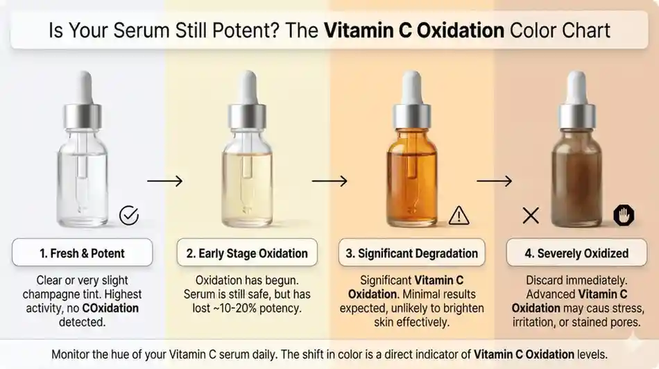 A visual comparison of a clear fresh serum versus a brown serum showing advanced Vitamin C oxidation.