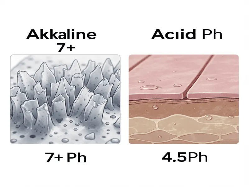 A scientific diagram comparing a raised, frizzy hair cuticle under alkaline conditions vs. a flat, smooth cuticle after an ACV rinse.