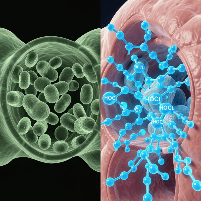 HOCl Neutralizing Pathogenic Bacteria A close-up scientific visualization showing HOCl molecules breaking through bacterial cell walls.