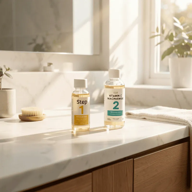 Skincare Layering Order A hand applying a clear serum to a face, with icons showing a sun for morning and a 1-2-3 step process.