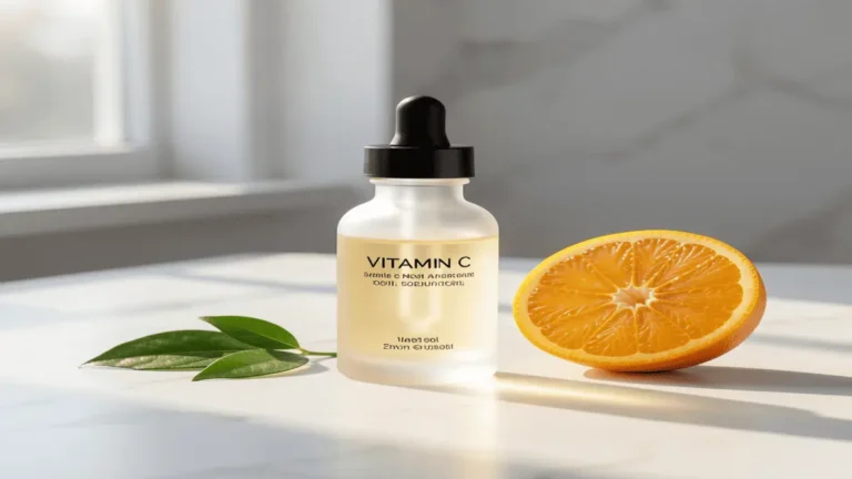 A bottle of Vitamin C serum next to an orange, illustrating how to use Vitamin C serum correctly for skin brightening.