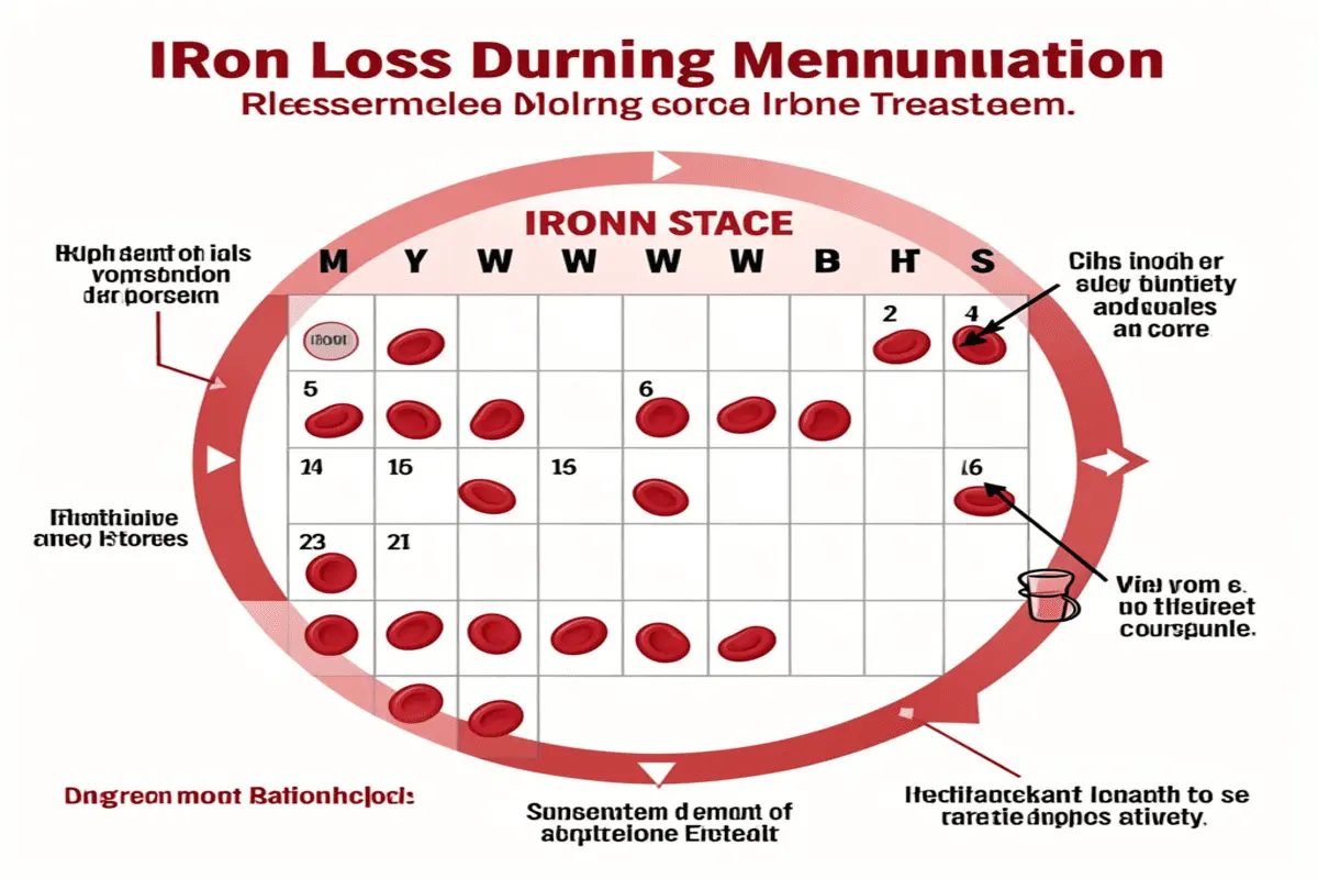 Infographic explaining iron loss during menstruation leading to hair thinning.