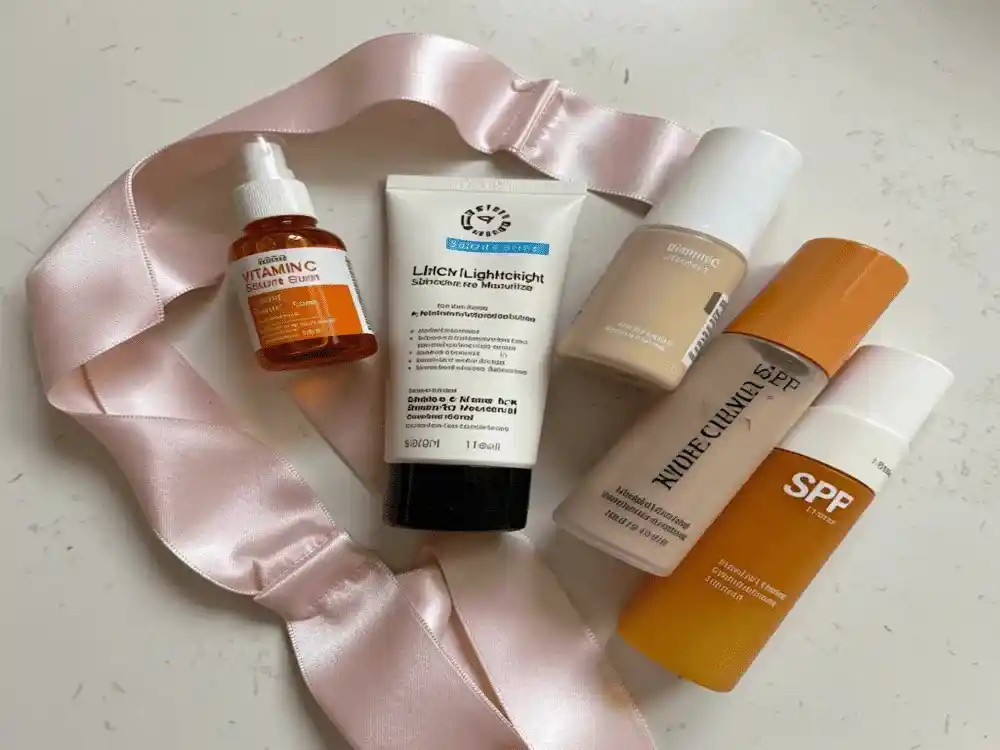 2026 Layering Guide for Mature Skin Flat lay of products including Vitamin C and the best tinted sunscreen for mature skin for a daily anti-aging routine.