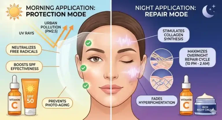 A side-by-side clinical comparison diagram illustrating the skin benefits of using Vitamin C serum in the morning (protection mode) versus at night (repair mode).