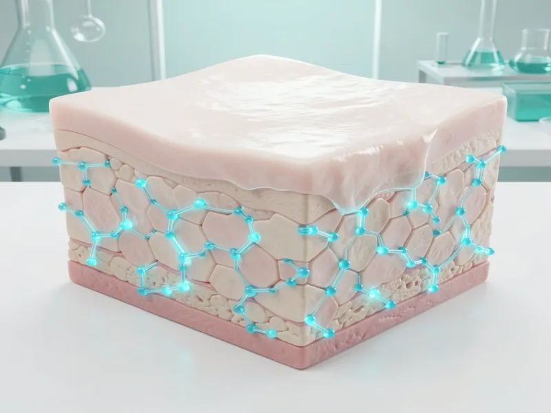 How Niacinamide Works Infographic-style 3D render showing skin layers with a strong moisture barrier and refined, clear pores.