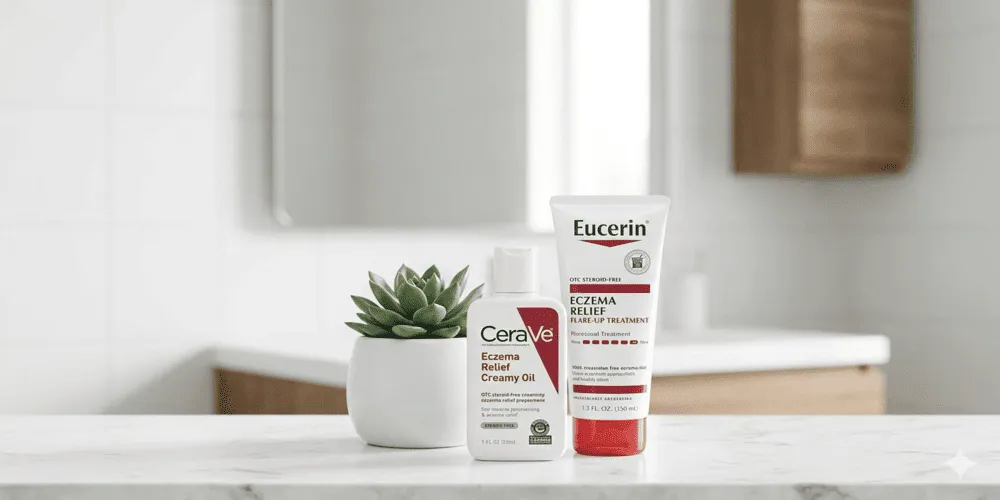Top Rated OTC Options for Best Steroid-Free Eczema Cream for Adults CeraVe and Eucerin products representing the best steroid-free eczema cream for adults available over-the-counter.