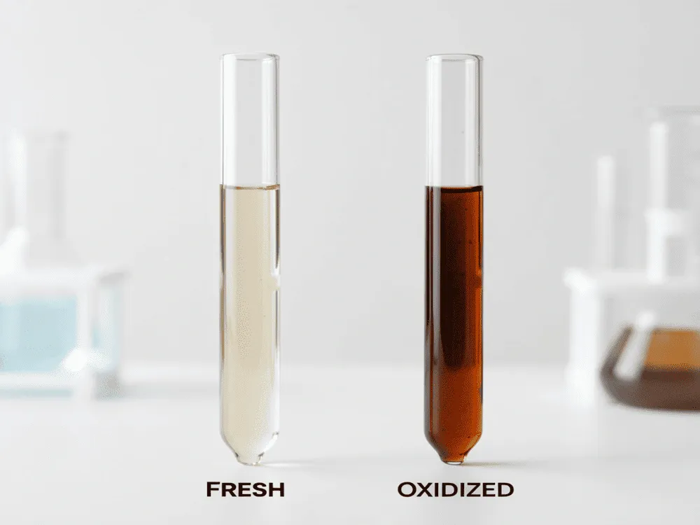 Fresh vs Oxidized Vitamin C Serum Comparison between fresh clear Vitamin C serum and dark orange oxidized serum that should be discarded