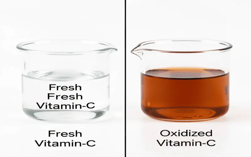 Comparison of a clear fresh Vitamin C serum versus a dark orange oxidized serum.