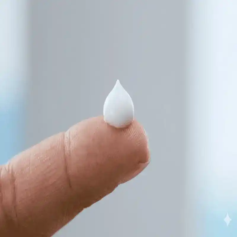 Proper Dosage for Potent Prescription Creams for Melasma A close-up of a fingertip holding a single pea-sized amount of medication, demonstrating the correct dosage for high-potency Prescription Creams for Melasma.