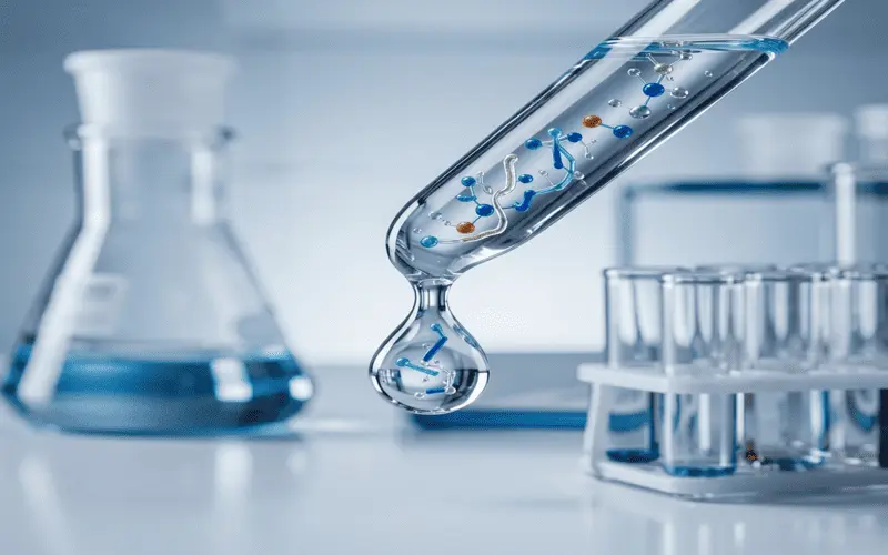 Powerful Hair Growth Ingredients 2026 Scientific illustration of serum droplets containing Redensyl and Peptides