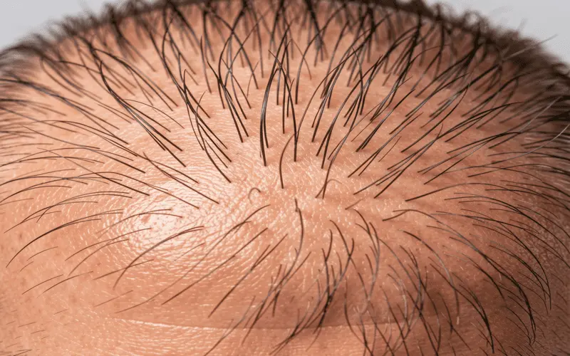 Scalp Health and Microbiome Balance Close-up of a healthy, clean human scalp with thick hair roots.