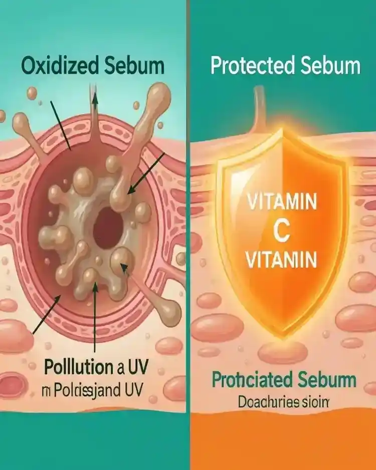 Sebum Oxidation and Vitamin C Protection Diagram Diagram illustrating how Vitamin C prevents sebum oxidation and keeps pores clear on oily skin.