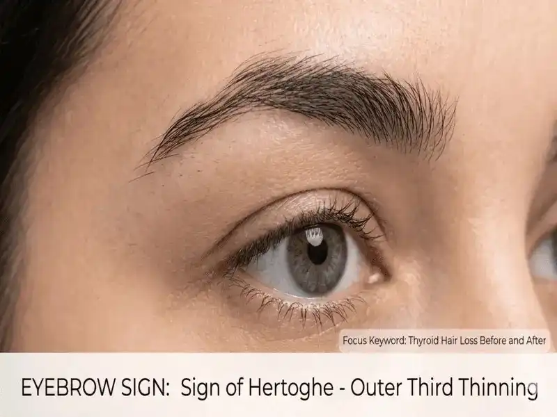 Illustration showing the thinning of the outer third of the eyebrow, a classic sign of thyroid issues.