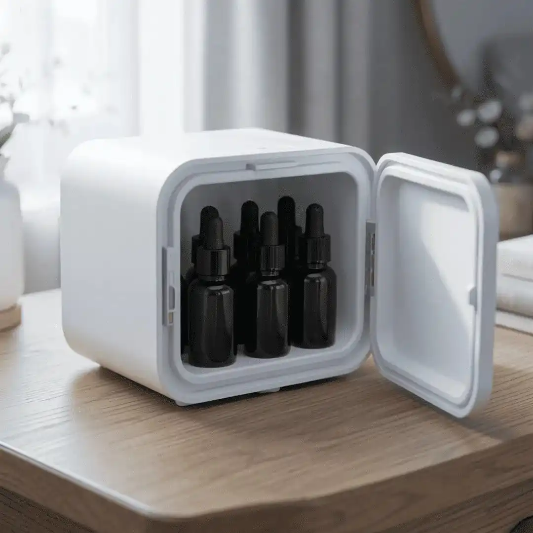 A small, aesthetic mint-green skincare refrigerator sitting on a wooden vanity, with a dark amber Vitamin C bottle visible inside.