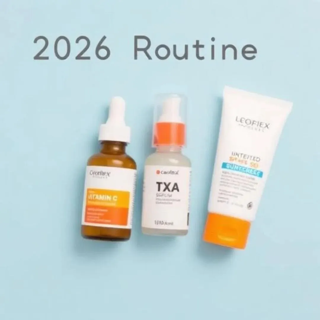 Daily Routine with Tranexamic Acid for Melasma 2026. Daily skincare routine using Tranexamic Acid for Melasma (2026) with Vitamin C and SPF.