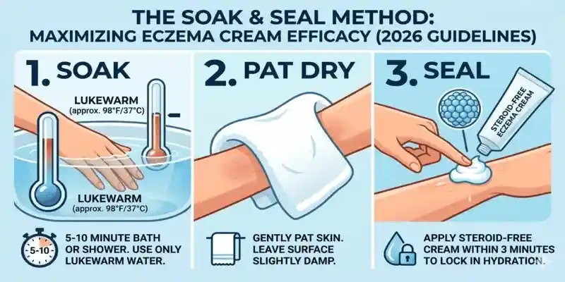 Application Guide for Best Steroid-Free Eczema Cream for Adults Infographic explaining the soak and seal method to maximize the efficacy of the best steroid-free eczema cream for adults.