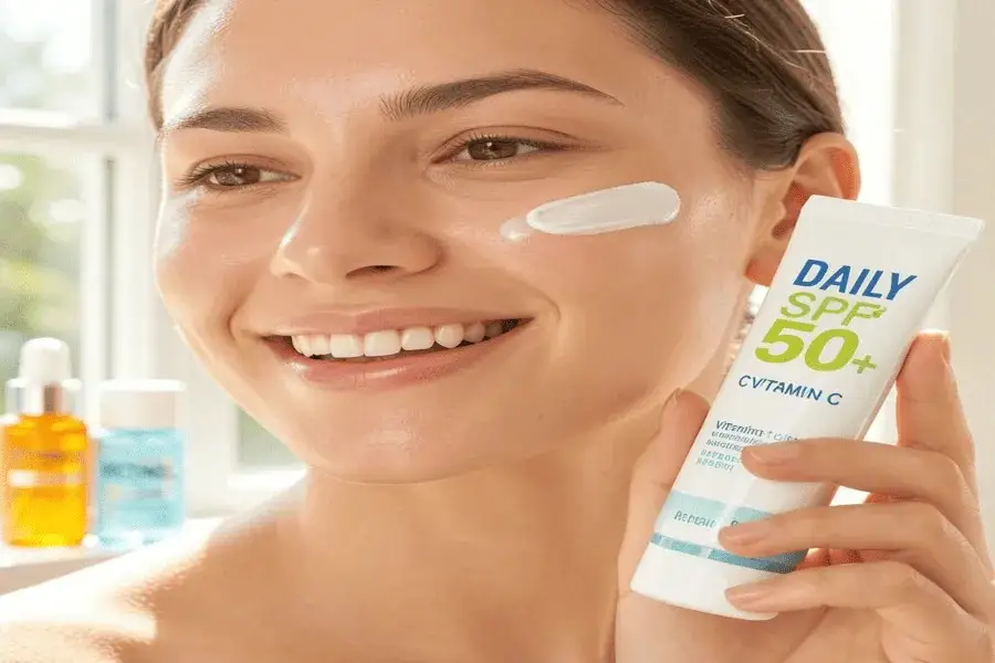 Applying sunscreen to protect the skin barrier while using Vitamin C and Retinol together.